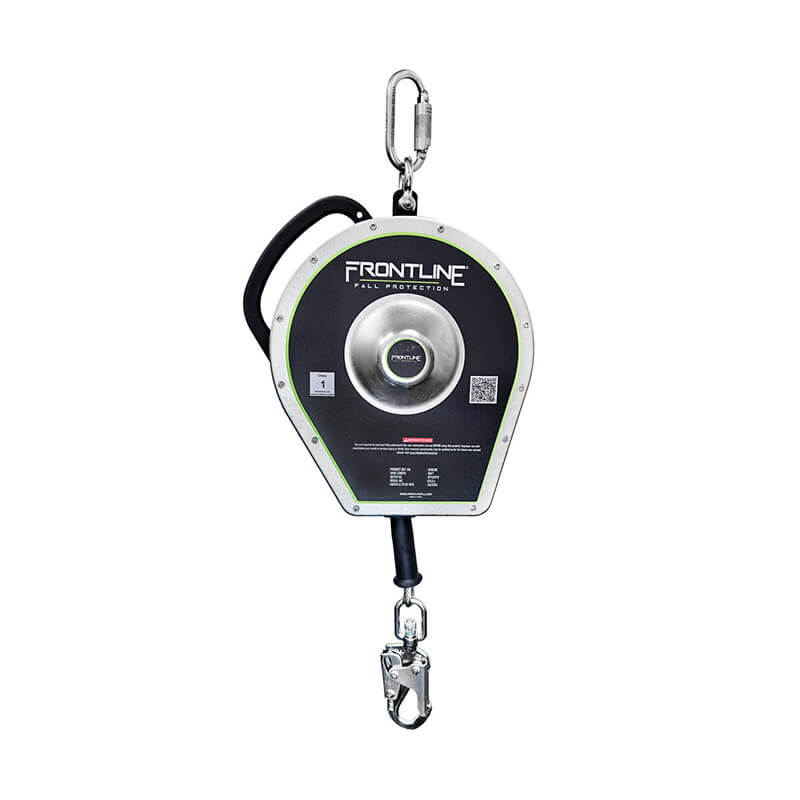 The Frontline RSBC Sealed Block Stainless Steel SRL by Frontline Fall Protection is a black and silver self-retracting lifeline device with a metal hook and carabiner, designed for use in safety harness systems for fall protection.