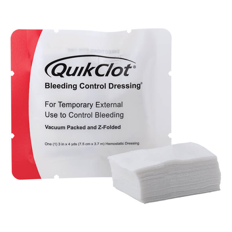 An Aero Healthcare RAPIDSTOP Bleed Control Kit EMS Pro is shown next to folded gauze pads on a white background, making it an essential addition to any bleed control kit for effective hemorrhage control in emergencies.