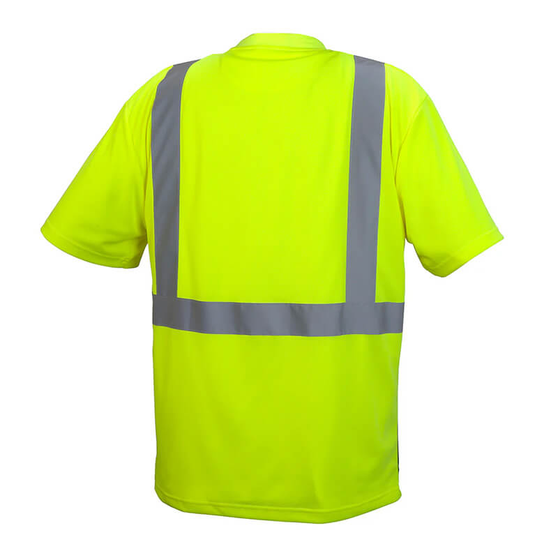 The Pyramex RTS21B Series Hi-Vis - Black Bottom T-Shirt by Pyramex Safety features gray reflective stripes on the back and shoulders for maximum visibility. This fluorescent yellow-green, moisture-wicking T-shirt ensures comfort against a plain background while you work hard.