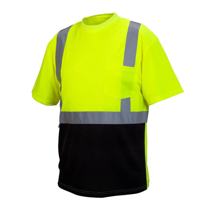 The Pyramex RTS21B Series Hi-Vis - Black Bottom T-Shirt by Pyramex Safety sports a bright yellow and black design with gray reflective stripes on the chest, shoulders, and sleeves, plus a handy chest pocket.