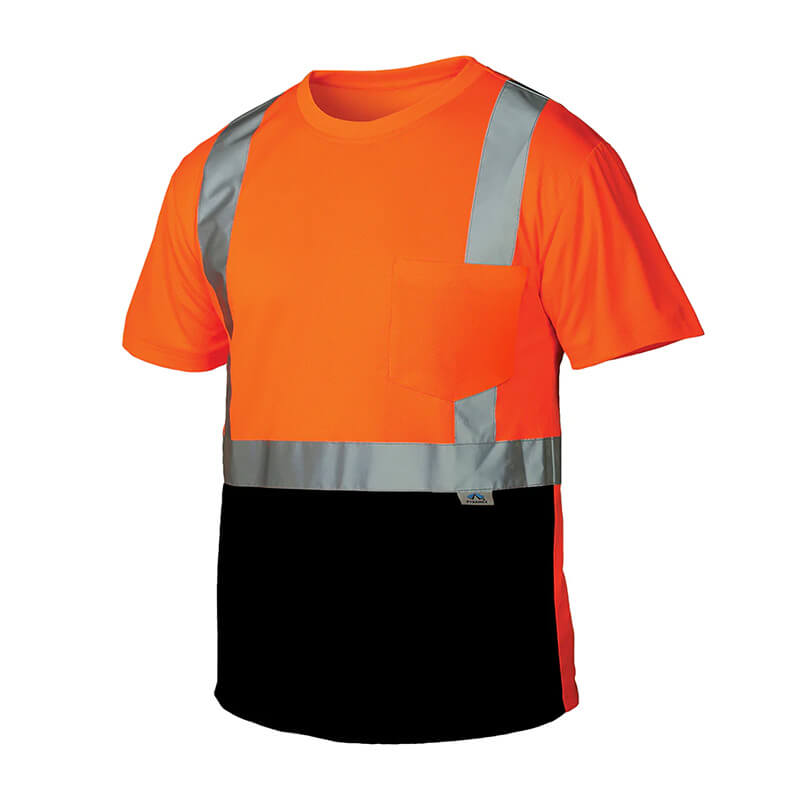 The Pyramex RTS21B Series Hi-Vis - Black Bottom T-Shirt by Pyramex Safety features bright orange fabric with silver reflective strips on the chest and shoulders, moisture-wicking technology for comfort, and a black bottom for enhanced visibility.