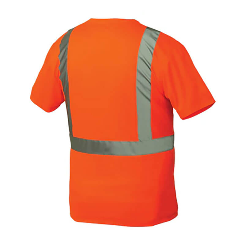The Pyramex RTS21 Type R - Class 2 Hi-Vis T-Shirt by Pyramex Safety features orange moisture-wicking fabric with reflective gray stripes on the shoulders and back, and meets ANSI/ISEA 107-2015 safety standards.