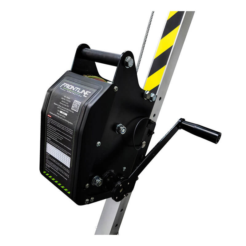 A close-up of the Frontline MEGApod 60' Confined Space Winch w/Galv. Cable by Frontline Fall Protection, featuring a black manual winch with handle, mounted on a metal frame with yellow and black caution stripes and “Frontline” branding.