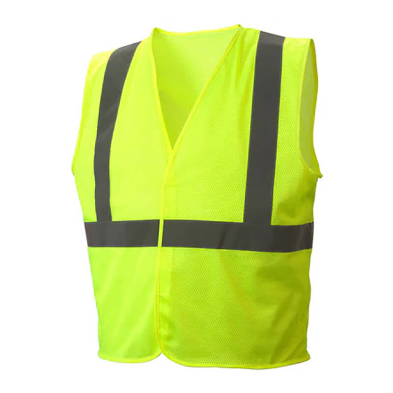 The Pyramex All Mesh Hi-Vis Safety Vest RVHLM29 by Pyramex Safety is made from sturdy polyester mesh fabric and includes two vertical and two horizontal reflective stripes. Its sleeveless style with a V-neck opening offers both comfort and high visibility. Displayed against a plain white background, the vibrant vest emphasizes its safety features.