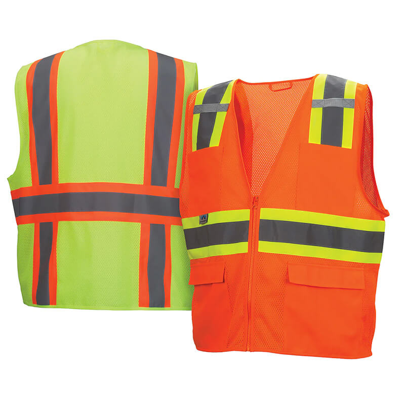 Two Pyramex Safety RVZ23 Series Hi-Viz vests: one lime green shown from the back, and one orange shown from the front. Both feature ANSI Class 2 rating with reflective yellow and gray stripes for enhanced visibility.