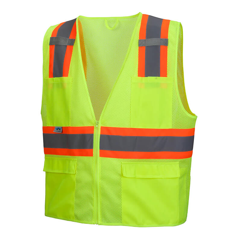 The Pyramex RVZ23 Series Hi-Viz Safety Vest by Pyramex Safety features fluorescent yellow fabric, orange and gray reflective stripes, a front zipper closure, and two large pockets. ANSI Class 2 rated for enhanced visibility and safety.