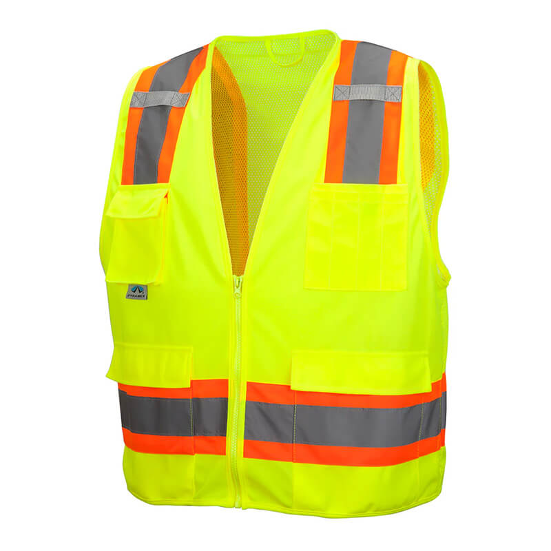 The Pyramex Safety RVZ24 Series Hi-Viz Safety Vest, made with orange and gray reflective material, offers a sleeveless design with multiple pockets and meets ANSI Type R - Class 2 standards for improved visibility in construction or high-traffic areas.