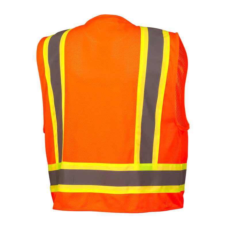 The Pyramex RVZ24 Series Hi-Viz Safety Vest by Pyramex Safety features yellow and gray reflective stripes on the back, crafted from premium reflective material. This ANSI Type R - Class 2 vest ensures optimal visibility for improved safety.