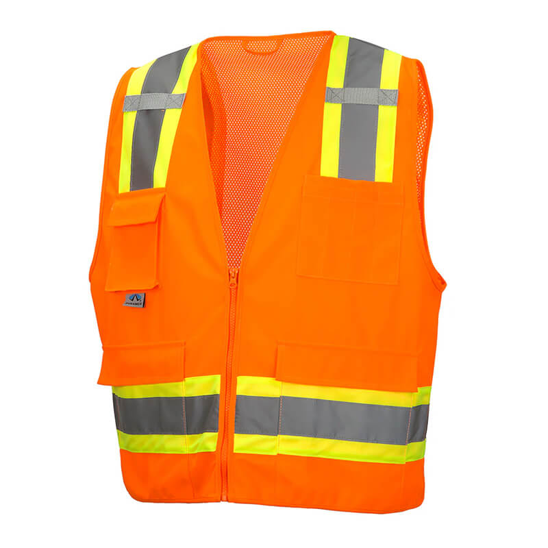The Pyramex RVZ24 Series Hi-Viz Safety Vest by Pyramex Safety features a bright orange ANSI Type R - Class 2 design, with yellow and gray reflective stripes on the shoulders and waist. It includes a front zipper, side pocket, and is made of lightweight, breathable material for comfort.