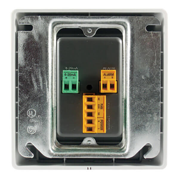 Back view of the Macurco LEL Fixed Gas Detector Controller Transducer by Macurco Gas Detection shows green "4–20mA" and orange "ALARM" and "RELAY" terminal blocks, plus mounting brackets and wiring slots for combustible gas detection.