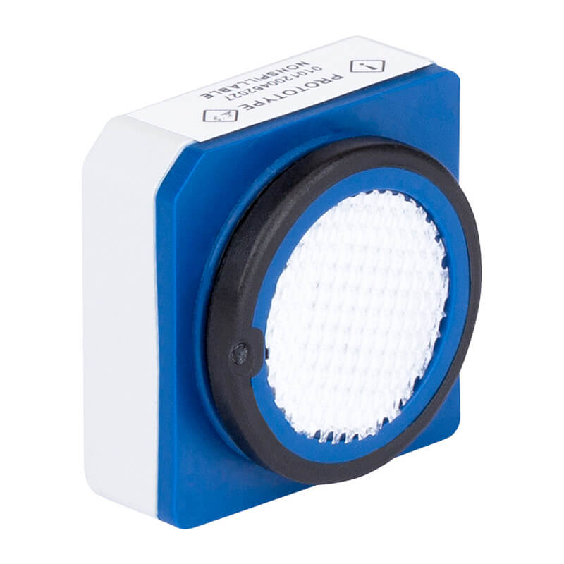 A close-up of a blue and white Honeywell BW Hydrogen Sulfide (H₂S) Sensor 1-Series SR-H1-1S by BW Technologies, featuring a central circular textured lens and top-edge labels, similar to Honeywell BW Solo multi-gas detectors.