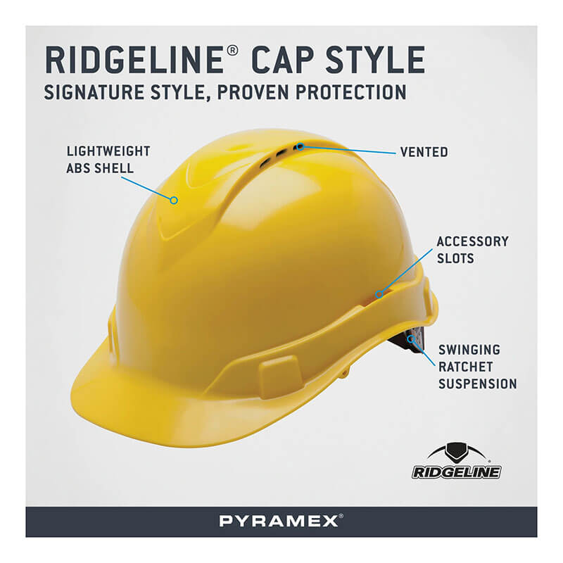 The Pyramex Ridgeline Vented Cap Style 4Pt Ratchet HardHat by Pyramex Safety features a lightweight ABS shell, vented cap style, accessory slots, and swinging ratchet suspension—highlighting top-rated safety and comfort.