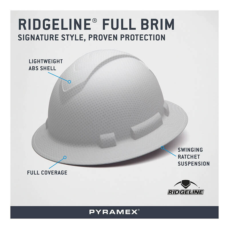 A Pyramex Safety Hydro Dipped Ridgeline Full Brim Hard Hat (12/Case) is shown on a gray background, featuring a lightweight ABS shell, full coverage, advanced ratchet suspension, and visible branding.