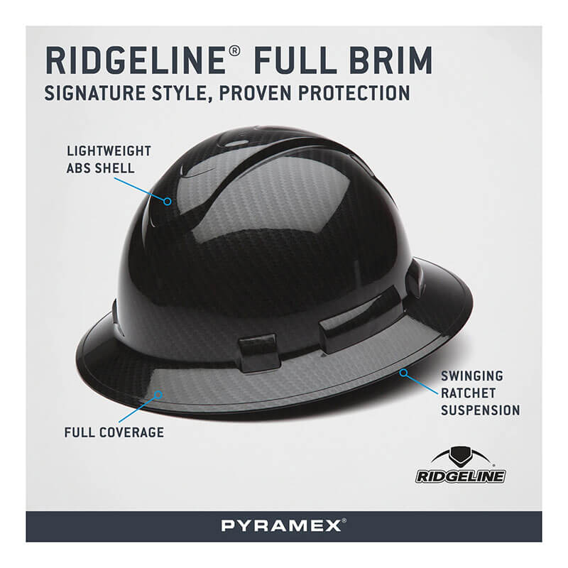 The Pyramex Safety Hydro Dipped Ridgeline Full Brim Hard Hat (12/Case) features a lightweight ABS shell, full coverage, ANSI Z89.1-2014 certification, swinging ratchet suspension, and glossy black finish with Pyramex and Ridgeline logos.