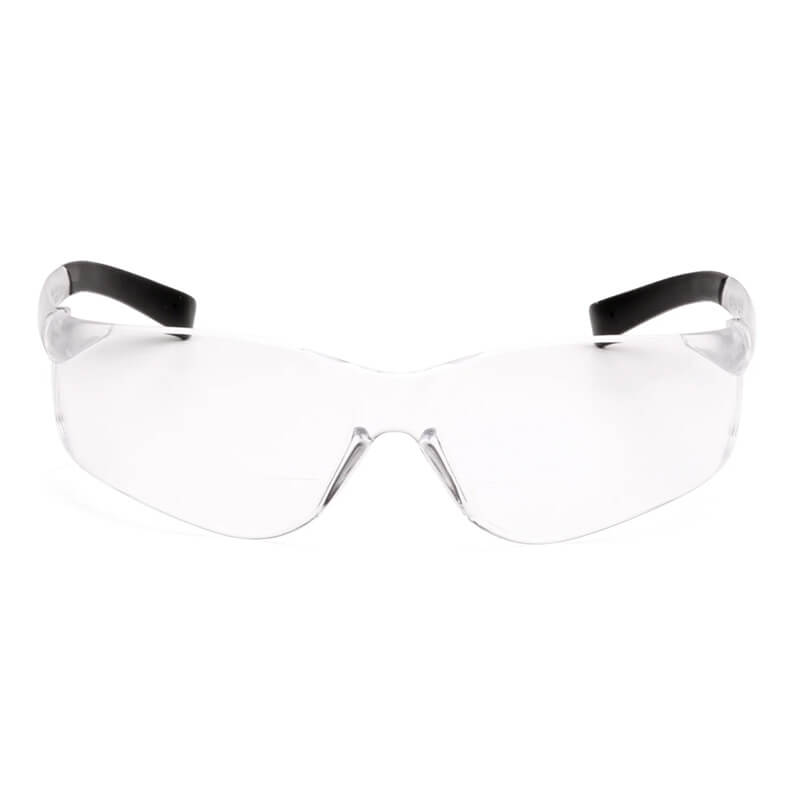 Pyramex Safety Ztek Reader Safety Glasses S25_0R feature scratch-resistant, transparent lenses with UV protection and black arms. Pack of 6. Shown facing forward on a white background.