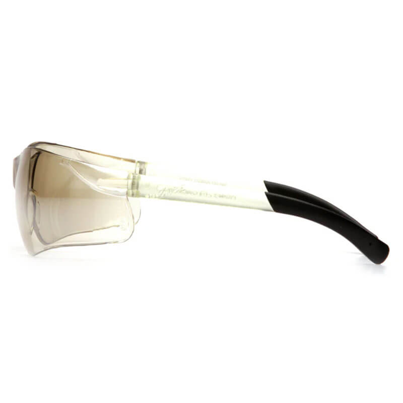Side view of Pyramex Ztek Safety Glasses S2510S by Pyramex Safety, featuring light brown tinted lenses, clear frames, and black curved temple tips for eye protection and ANSI Z87.1 compliance. Sold 12 per box.