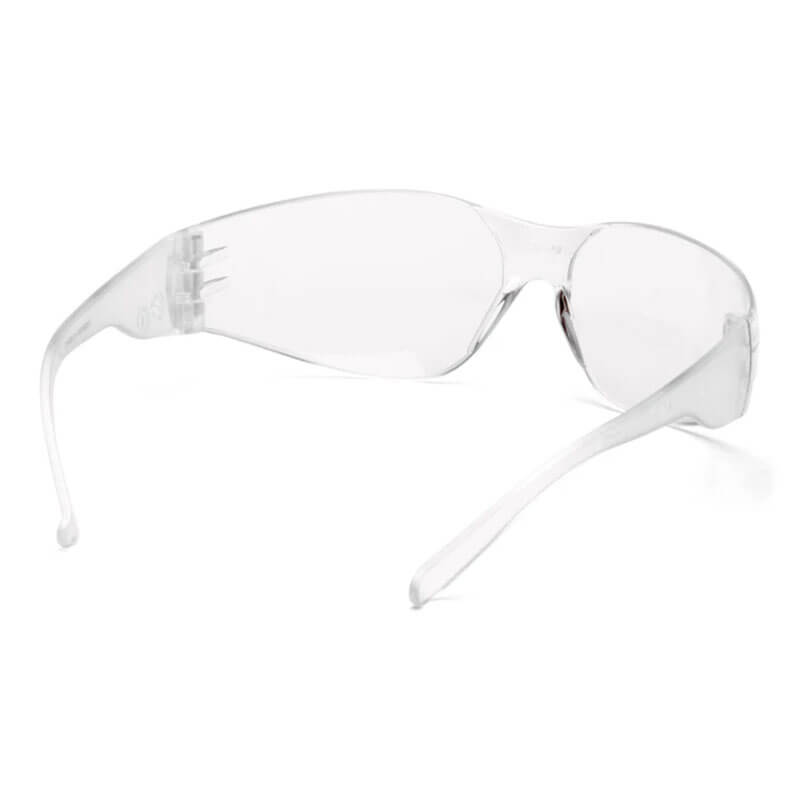 Pyramex Safety Intruder Anti-fog Safety Glasses S41_0ST feature a clear wraparound polycarbonate lens and curved arms for impact protection. Displayed on a white background. Packaged 12 per box.