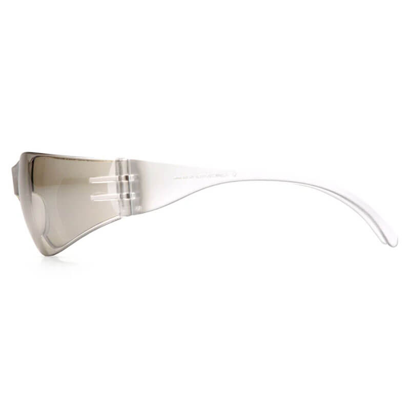 Side view of Pyramex Intruder Anti-fog Safety Glasses S41_0ST by Pyramex Safety, featuring a wraparound clear frame and wide, slightly tinted lenses for advanced impact protection. Comes in a box of 12.