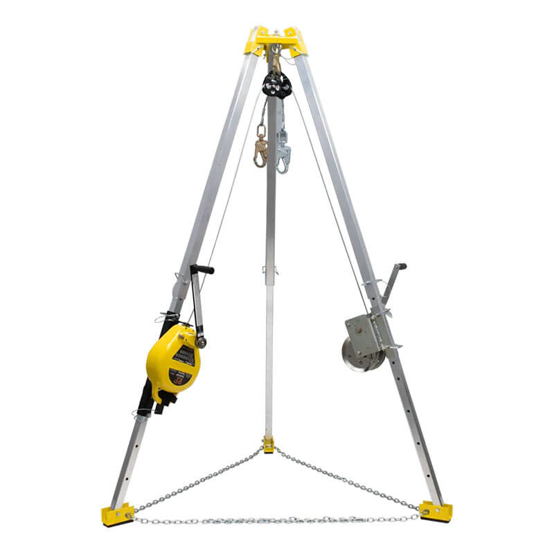 Introducing the French Creek 7' Tripod and 50' 3-Way Rescue Unit and Winch S50G-M7 by French Creek Production. This yellow and silver aluminum tripod rescue system is equipped with a manual winch and pulley mechanism. Expertly crafted for durability, it features a chain connecting the tripod legs at the base, offering unmatched stability for lifting or lowering operations in confined spaces. An essential addition to any rescue unit's toolkit, it is designed to excel in challenging rescue scenarios.