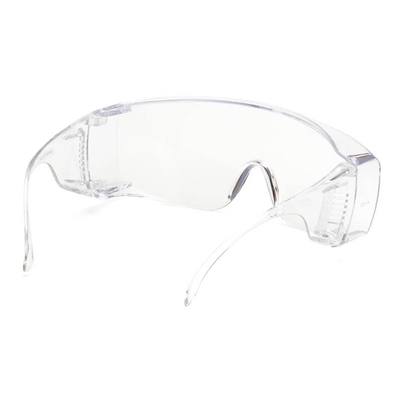Pyramex Safety Jumbo Solo Clear Lens S510SJ Glasses (12/box) feature transparent wraparound lenses and side protection to shield eyes from debris or chemicals; both frame and temples are clear.