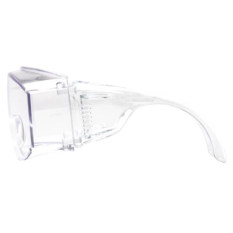 Pyramex Safety Jumbo Solo Clear Lens S510SJ Glasses (12/box) feature a wide, curved frame and side shields, shown from the side against a white background—perfect safety glasses for wearing over prescription eyewear.