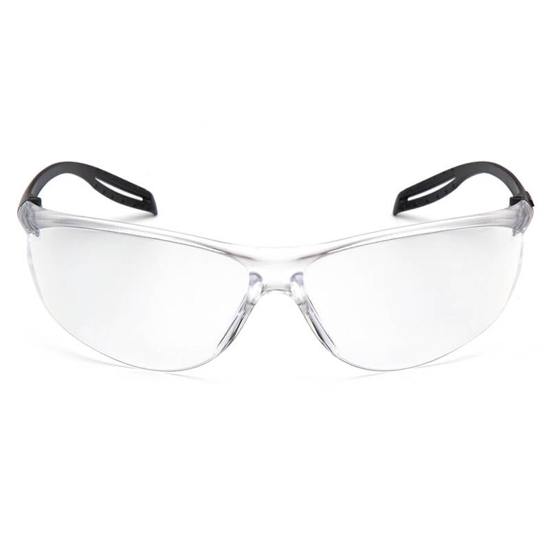 Pyramex Safety Neshoba H2Max Anti-Fog Safety Glasses S97_0STM feature transparent polycarbonate lenses, black temples, and UVA/UVB protection. Shown from the front on a white background. 12 per box.