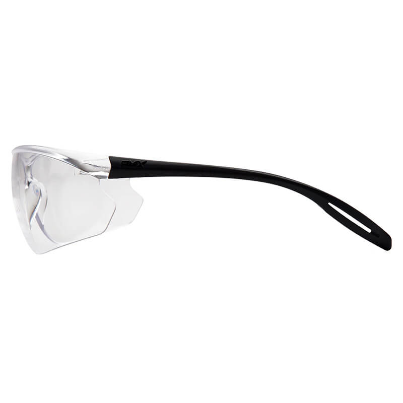Pyramex Safety Neshoba H2Max Anti-Fog Safety Glasses S97_0STM feature a clear polycarbonate lens and a single black curved arm, displayed in side profile against a white background. 12 per box.