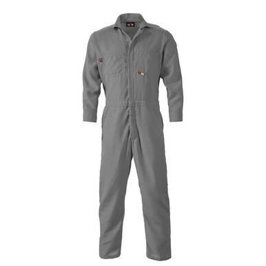 The Saf-Tech Indura 9 oz FR Grey Contractor Coverall is a flame-resistant garment designed as arc flash clothing. This coverall features long sleeves, a front zipper, two chest pockets, and button details, and is displayed on a plain white background.