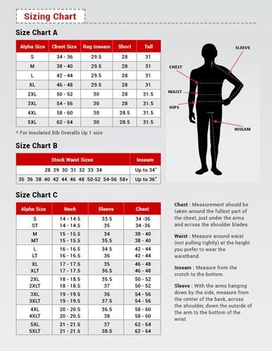 A sizing chart with three tables labeled A, B, and C is provided for the Saf-Tech FR 9oz UltraSoft Cargo Pant Navy. The chart shows measurements for workwear clothing sizes and features a silhouette of a person highlighting chest, waist, hips, sleeve, and inseam dimensions with guidance on measuring. It is ideal for selecting flame resistant clothing like these FR pants by Saf-Tech.