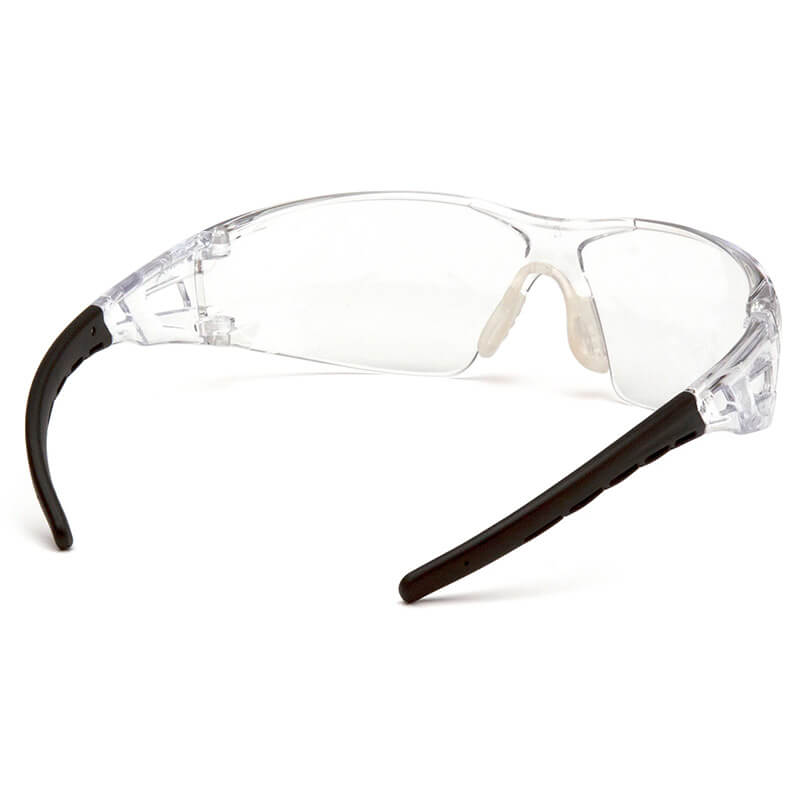 Pyramex Fyxate H2X Anti-Fog Safety Glasses by Pyramex Safety feature transparent lenses, a clear frame, and black curved temples, providing reliable impact protection for work or lab environments. Box of 12.