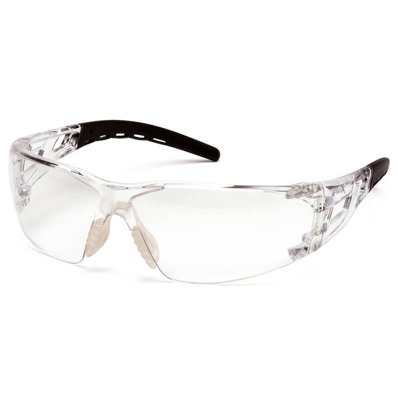 The Pyramex Fyxate H2X Anti-Fog Safety Glasses (SB102_0ST) by Pyramex Safety boast wraparound lenses, black-tipped temples, and a transparent frame that ensures full eye coverage while providing protection and impact resistance. Sold 12 per box.