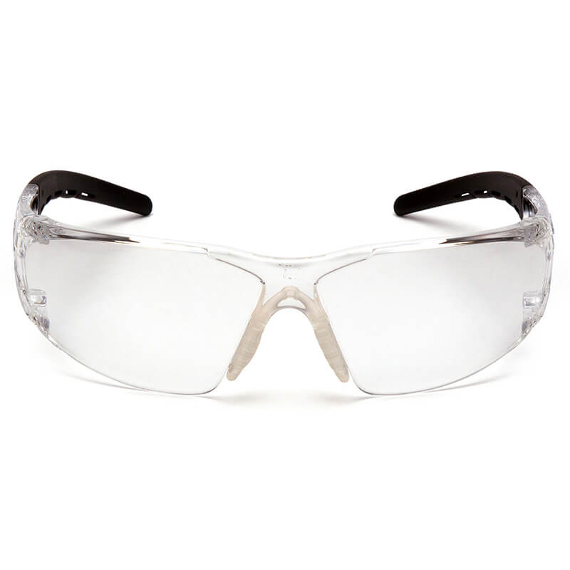 Pyramex Safety Fyxate H2X Anti-Fog Safety Glasses SB102_0ST feature transparent wraparound lenses, black temples, and a light nose bridge for reliable impact protection, shown front-facing on a white background. Box of 12.