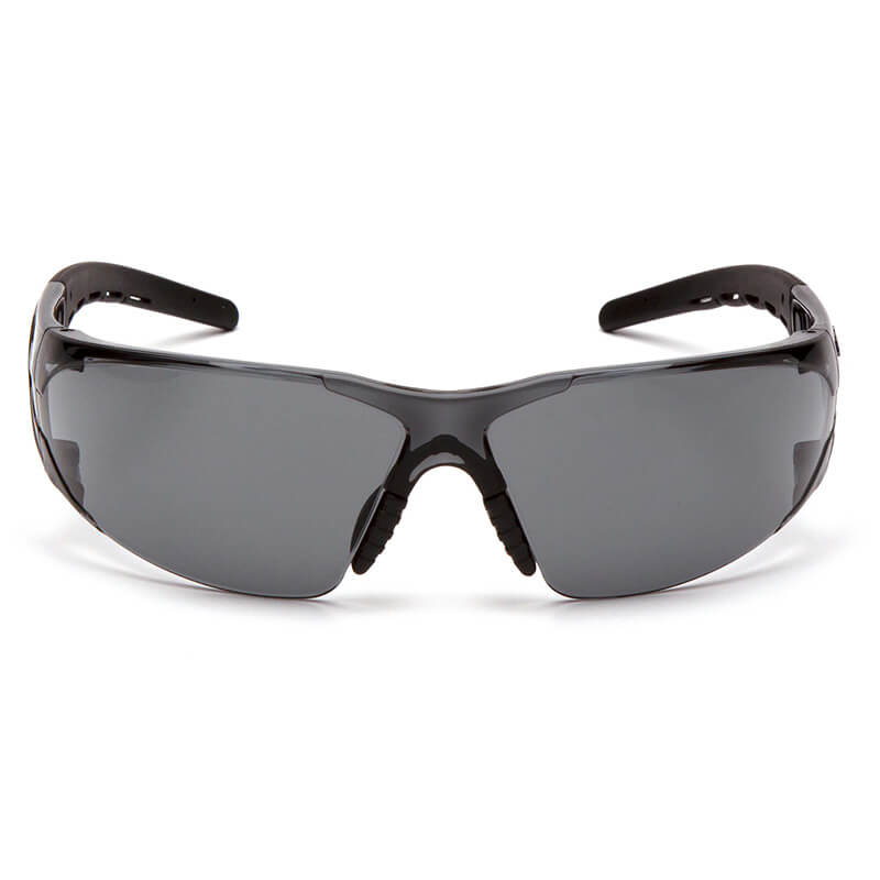 Pyramex Fyxate H2X Anti-Fog Safety Glasses by Pyramex Safety feature black wraparound frames, dark wide lenses, and curved arms for sport or outdoor useβoffering impact protection and dielectric safety. Shown front view on white.