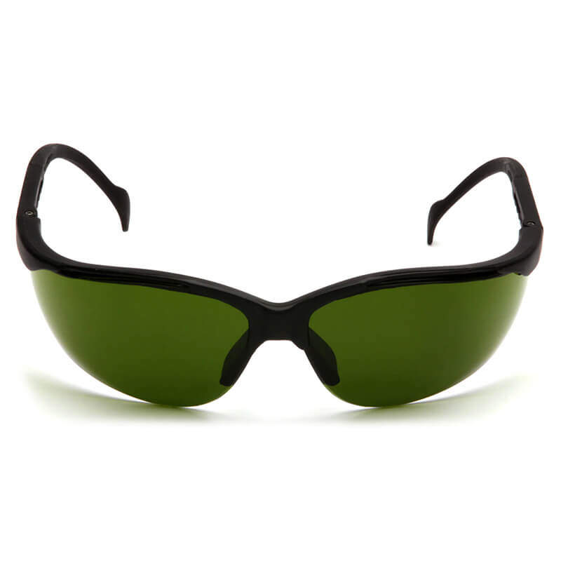 A front view of Pyramex Venture II Welding Safety Glasses SB18_0SF by Pyramex Safety, featuring black frames, curved dark green lenses with UV protection, displayed on a white background.