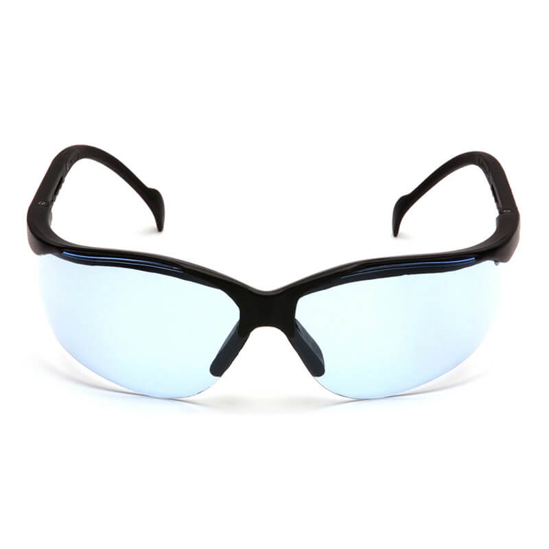A pair of Pyramex Venture II Infinity Blue Safety Glasses by Pyramex Safety, shown facing forward on a white background, features black frames and blue tinted lenses for stylish eye protection.