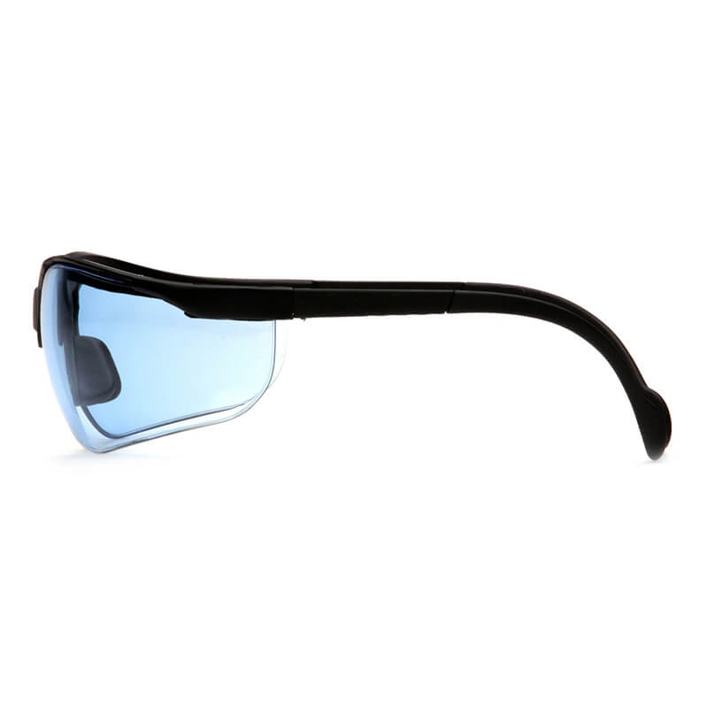 Side view of Pyramex Safety's Venture II Infinity Blue Safety Glasses (12/box) with black frames and blue-tinted lenses, providing reliable eye protection against a white background.