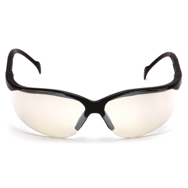 A box of Pyramex Safety Venture II Safety Glasses (12/box), featuring black frames and large mirrored lenses, delivers sporty eye protection—shown front-facing on a white background.