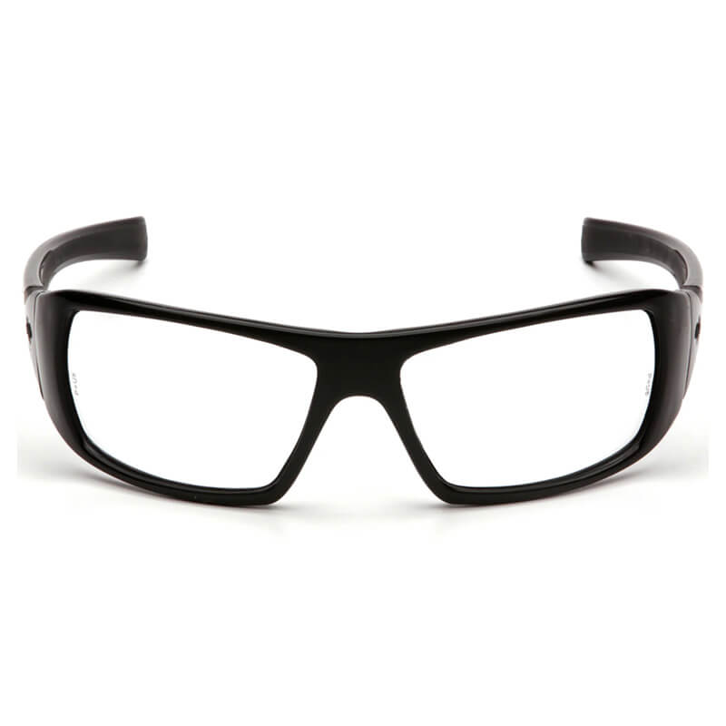 The Pyramex Goliath Safety Glasses by Pyramex Safety, featuring black rectangular frames and clear lenses, are displayed facing forward against a white background, combining style with essential eye protection.