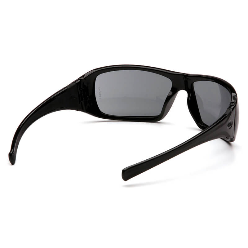Black wraparound Pyramex Goliath Safety Glasses by Pyramex Safety, shown from a rear side angle on a white background, offer dependable eye protection. Available in boxes of 12.