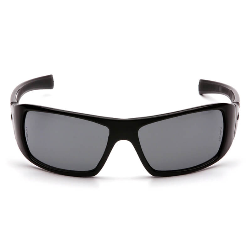 A pair of Pyramex Safety Goliath Safety Glasses (12/box) with dark tinted lenses and a wraparound design, shown from the front on a white background.