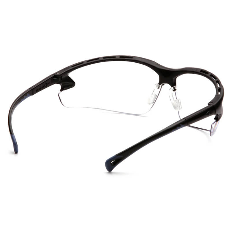 Pyramex Venture 3 Safety Glasses SB57 by Pyramex Safety feature a black semi-rimless frame, clear UV-protective lenses, blue-tipped arms, adjustable nose pads, and a lightweight curved design for comfort. Sold 12 per box.