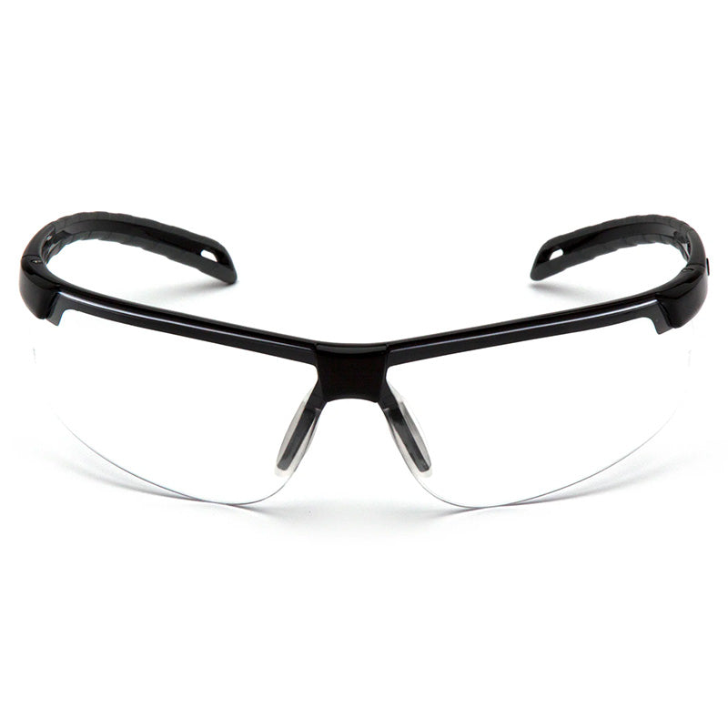 Pyramex Ever-lite Anti-fog Safety Glasses by Pyramex Safety feature a black frame and curved arms for impact protection; shown in clear, photographed against a white background. Box of 12 (SB86_ _DT).