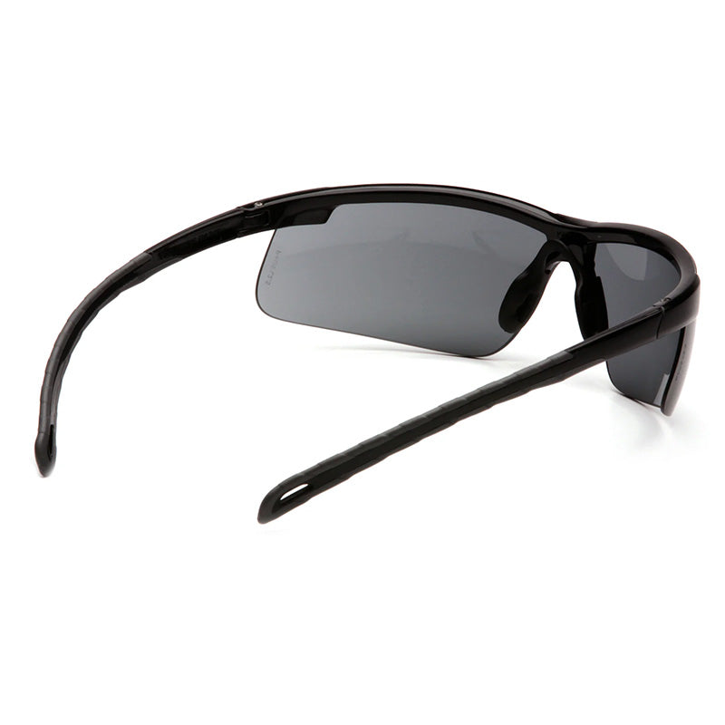 Pyramex Ever-lite Anti-fog Safety Glasses by Pyramex Safety are shown from a rear angle, highlighting curved arms and sleek, sporty design. They offer UV and impact protection—perfect for safe, comfortable outdoor use.