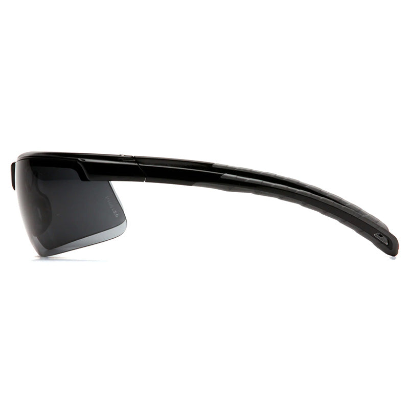 Side view of Pyramex Ever-lite Anti-fog Safety Glasses SB86_ _DT by Pyramex Safety, featuring black wraparound frames, dark tinted lenses, and curved textured arms designed for UV protection. Sold 12 per box.