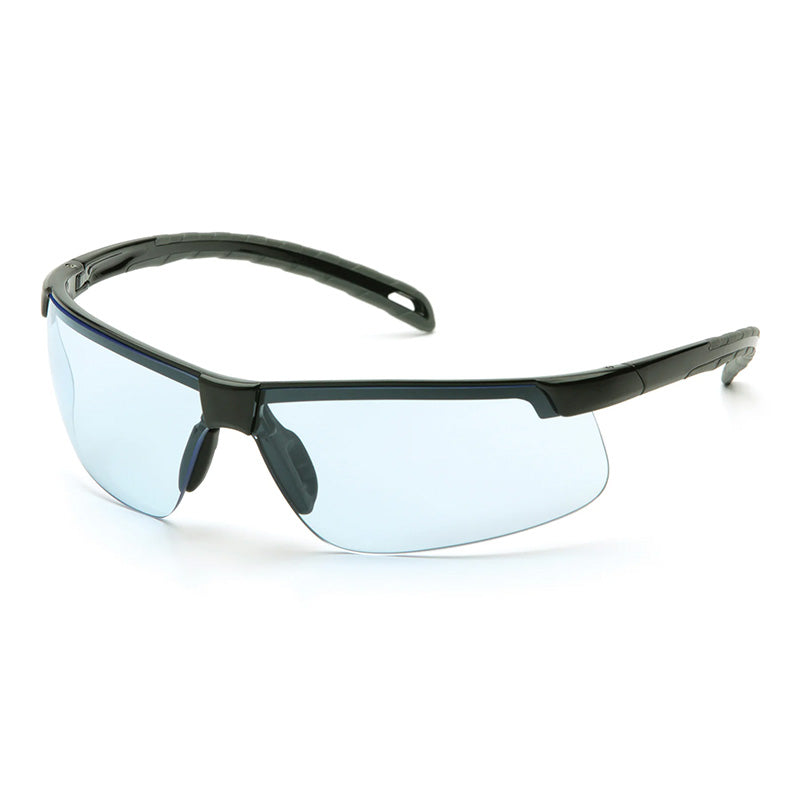 Introducing the Pyramex Ever-lite Anti-fog Safety Glasses, designed by Pyramex Safety. These sleek safety glasses feature a sporty design with half-rim black frames and slim, curved arms. The lenses are slightly blue-tinted, providing UV protection while ensuring a modern appearance. Available in boxes of 12.
