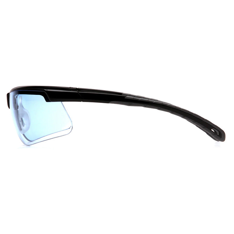 Side view of Pyramex Ever-lite Anti-fog Safety Glasses SB86_ _DT by Pyramex Safety featuring a curved black frame and single blue-tinted lens, providing UV protection for outdoor activities.