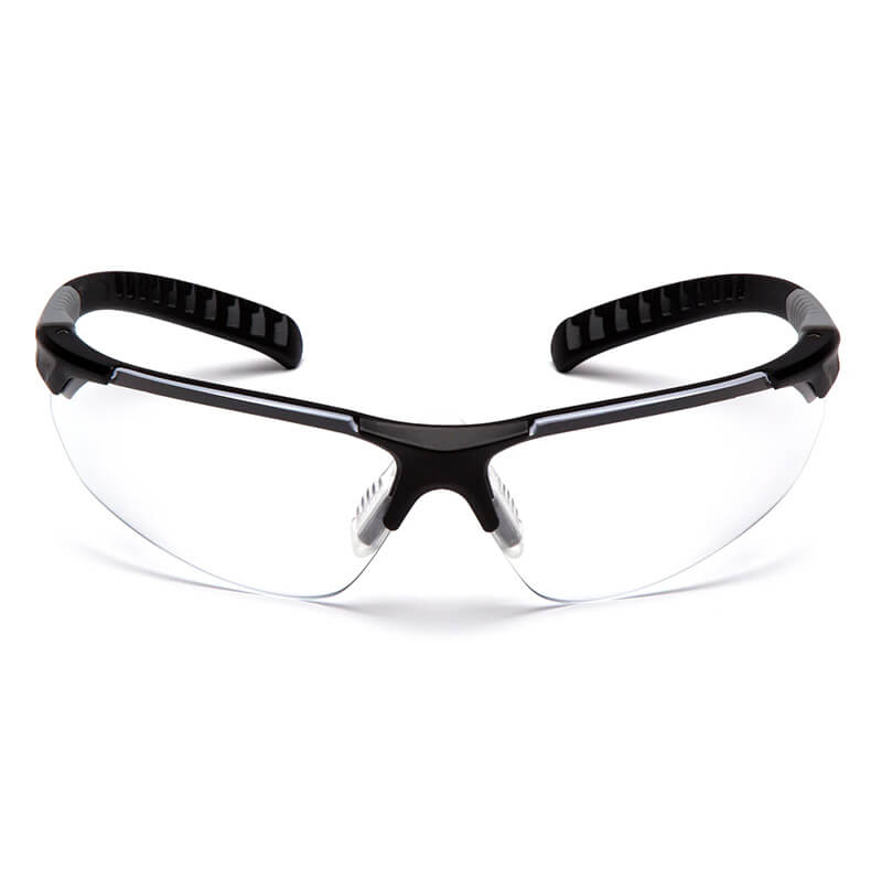Pyramex Sitecore Safety Glasses SBG101_0DTM by Pyramex Safety feature clear lenses, black rubberized arms, adjustable temples, and a wraparound design, displayed from the front on a white background. Box of 12.