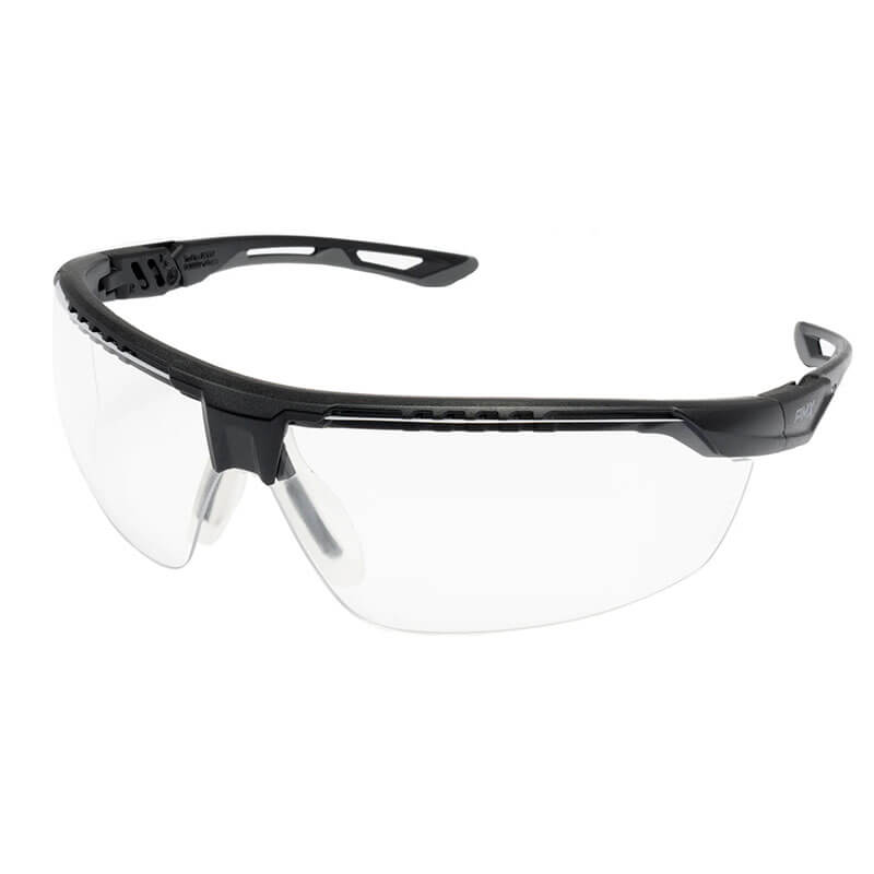 Pyramex TruFlex Half Frame Safety Glasses by Pyramex Safety feature clear lenses, a black frame, an adjustable fit for comfort, anti-fog technology, and adjustable temples for streamlined design and optimal protection.