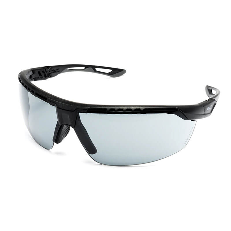 The Pyramex TruFlex Half Frame Safety Glasses by Pyramex Safety are sleek, black sports eyewear with reflective lenses and an adjustable fit. The lightweight frame has top-edge ventilation slits, giving them a modern, aerodynamic look.
