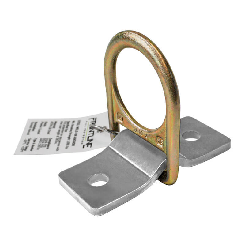 The Frontline Weld/Bolt-on Steel & Concrete Anchor SBW01 by Frontline Fall Protection features a circular ring, two bolt-mounting plates, corrosion resistance, and a product information tag attached to the ring.